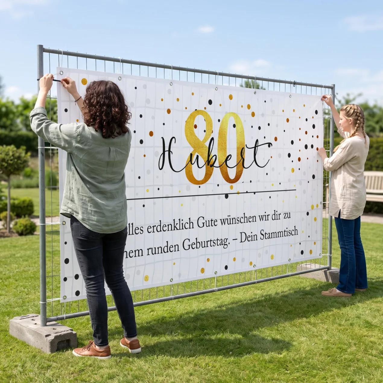 Großer Bauzaun Banner zum Geburtstag mit Name, Alter & Wunschtext personalisiert | Konfetti Design