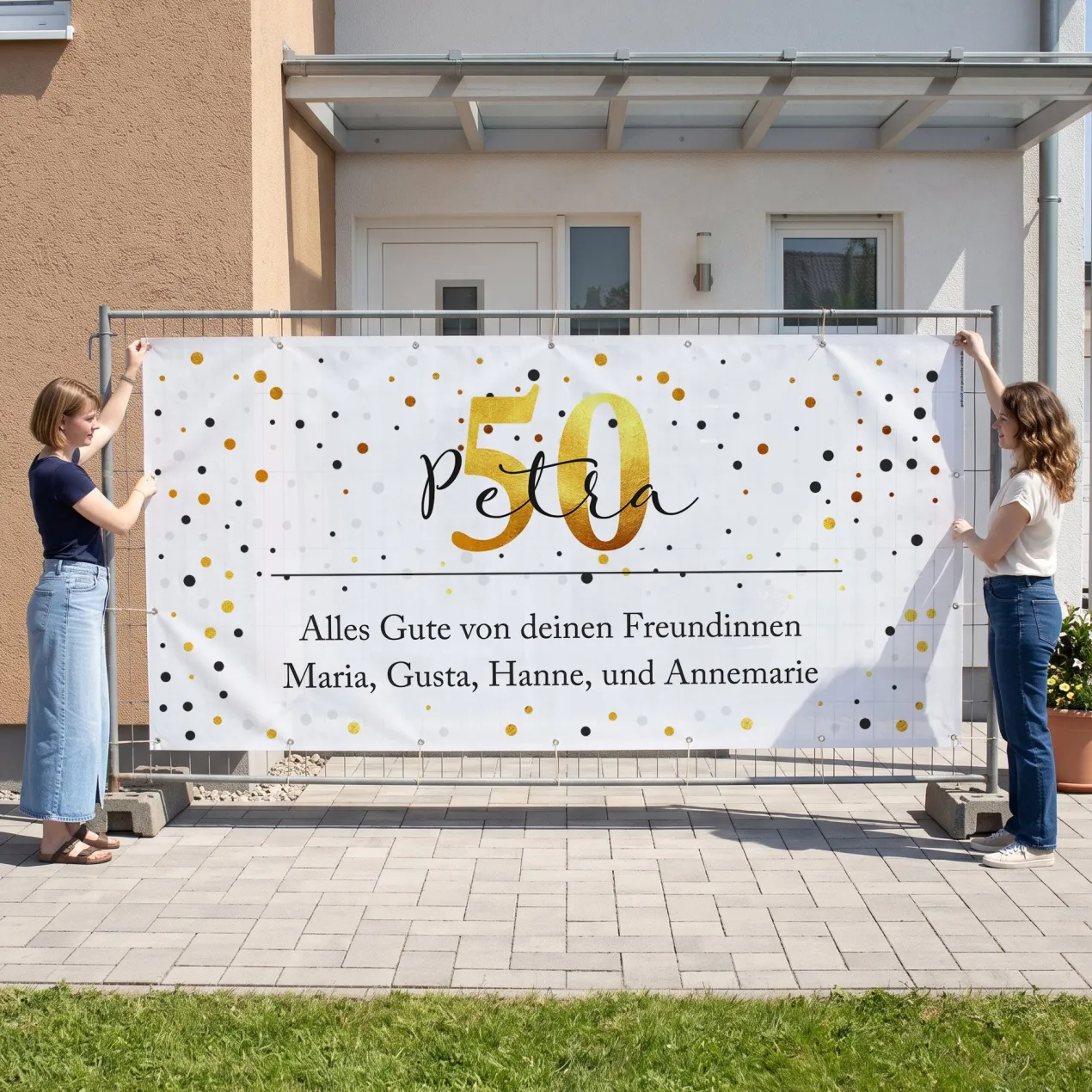 Großer Bauzaun Banner zum Geburtstag mit Name, Alter & Wunschtext personalisiert | Konfetti Design