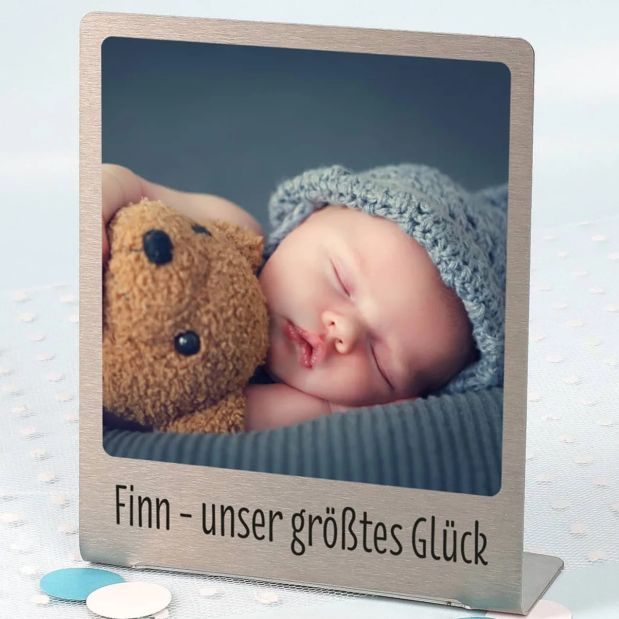 Großer Edelstahl Fotorahmen mit Ihrem Lieblingsfoto und Wunschtext bedruckt