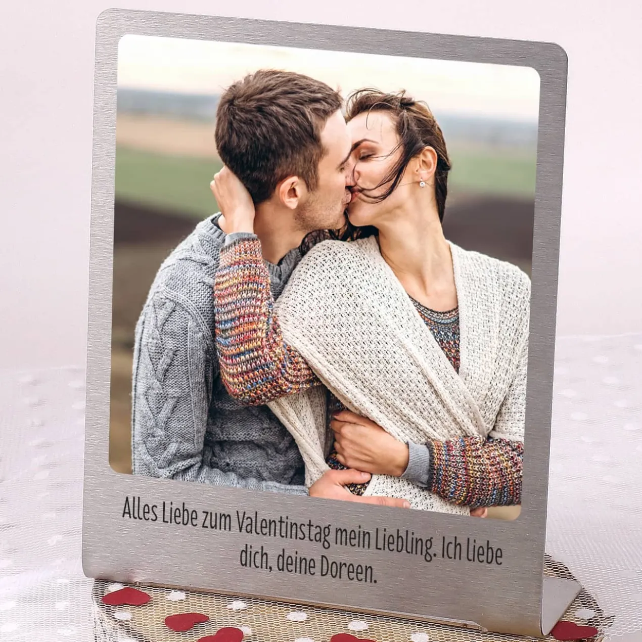 Großer Edelstahl Fotorahmen mit Ihrem Lieblingsfoto und Wunschtext bedruckt