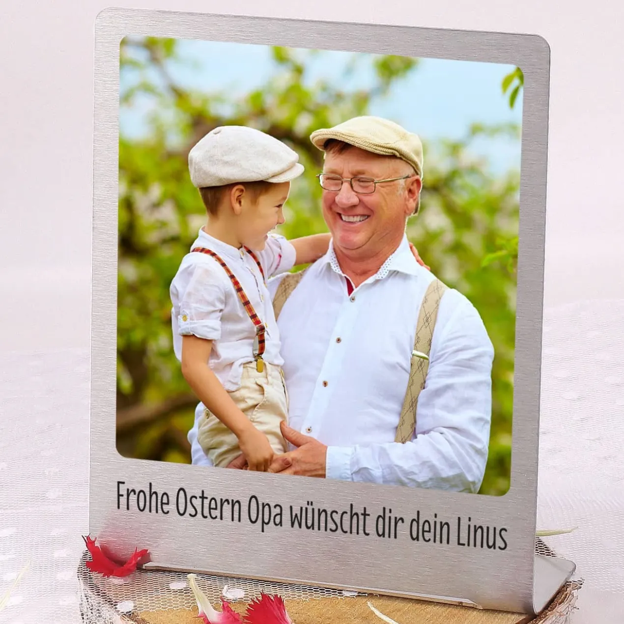 Großer Edelstahl Fotorahmen mit Ihrem Lieblingsfoto und Wunschtext bedruckt