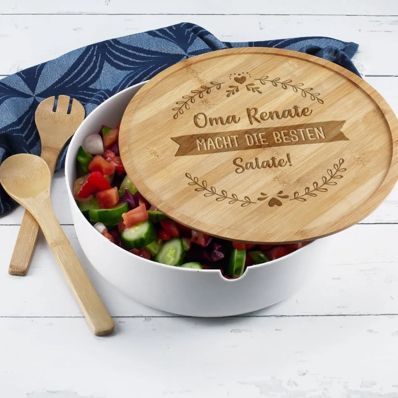 Große Salatschüssel mit 3 Wunschtexten graviert