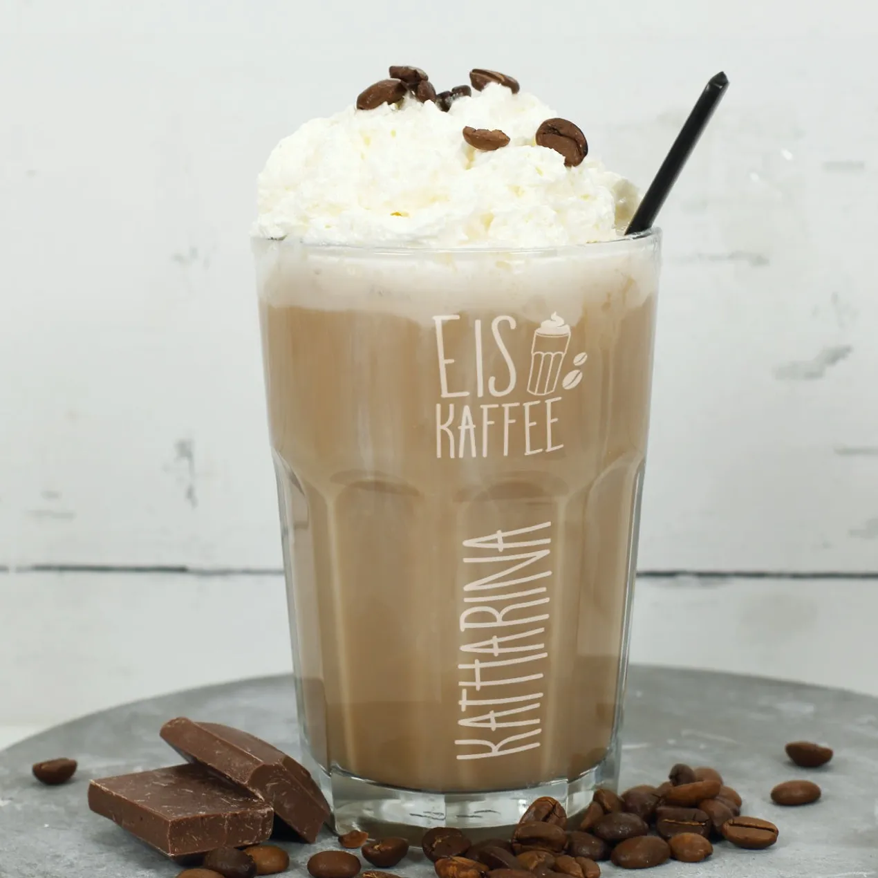 Großes Eiskaffee-Glas mit Namensgravur