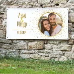 Großes Fotobanner zur Hochzeit mit goldenem Motiv