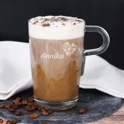 Großes Glas Kaffeeherz mit Namensgravur
