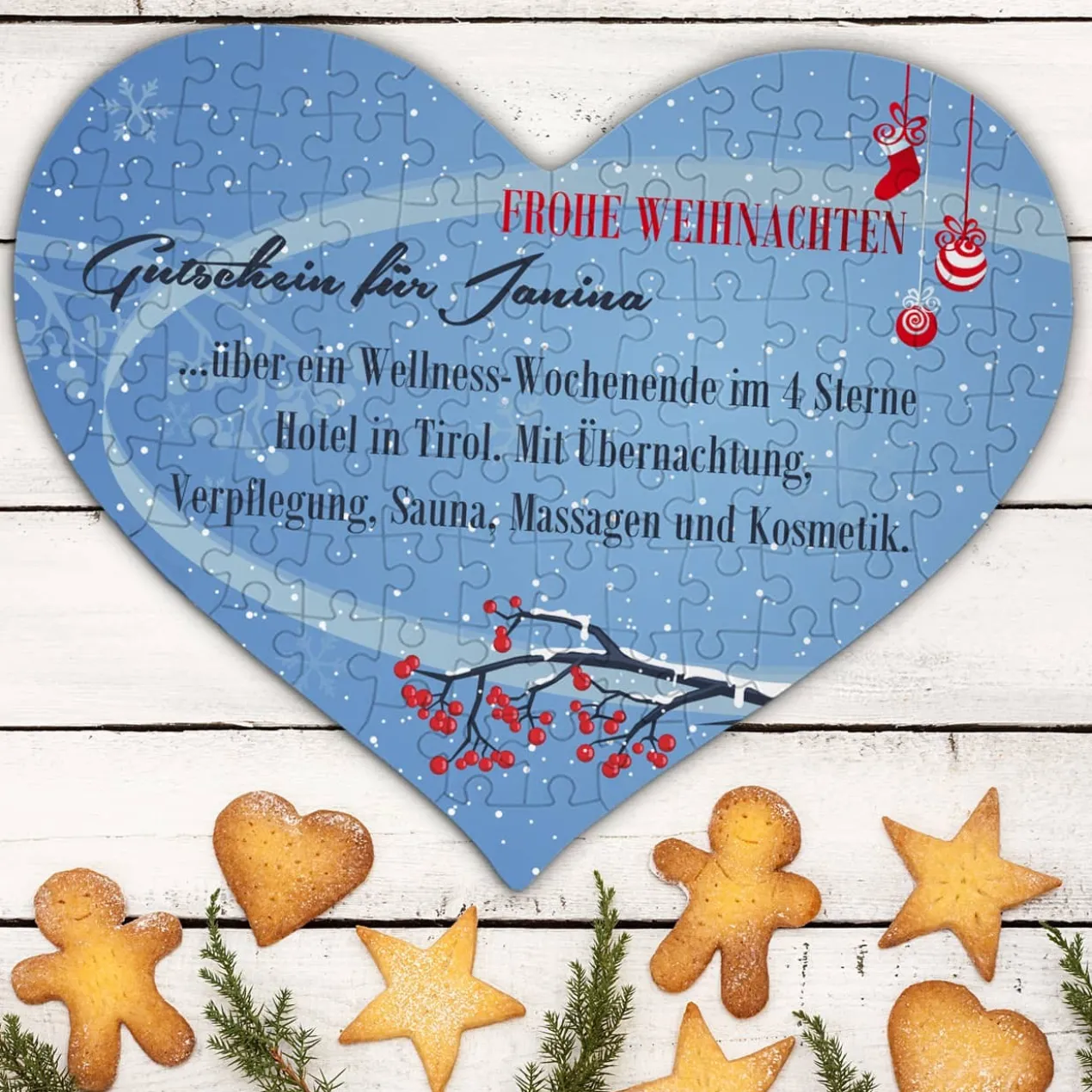 Großes Herzpuzzle mit Gutscheintext für Weihnachten