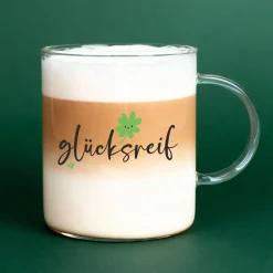 Großes Leonardo-Teeglas mit 'glücksreif' Motiv für Tee, Kakao & Kaffee | Glücksbringer-Geschenk