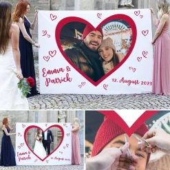 Großes Stoffbanner zum Ausschneiden zur Hochzeit - mit Ihrem Foto, Namen und Datum bedruckt