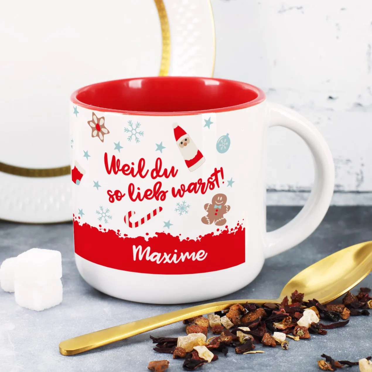 Große Tasse - Weil du so lieb warst - mit Name und Weihnachtsmotiv