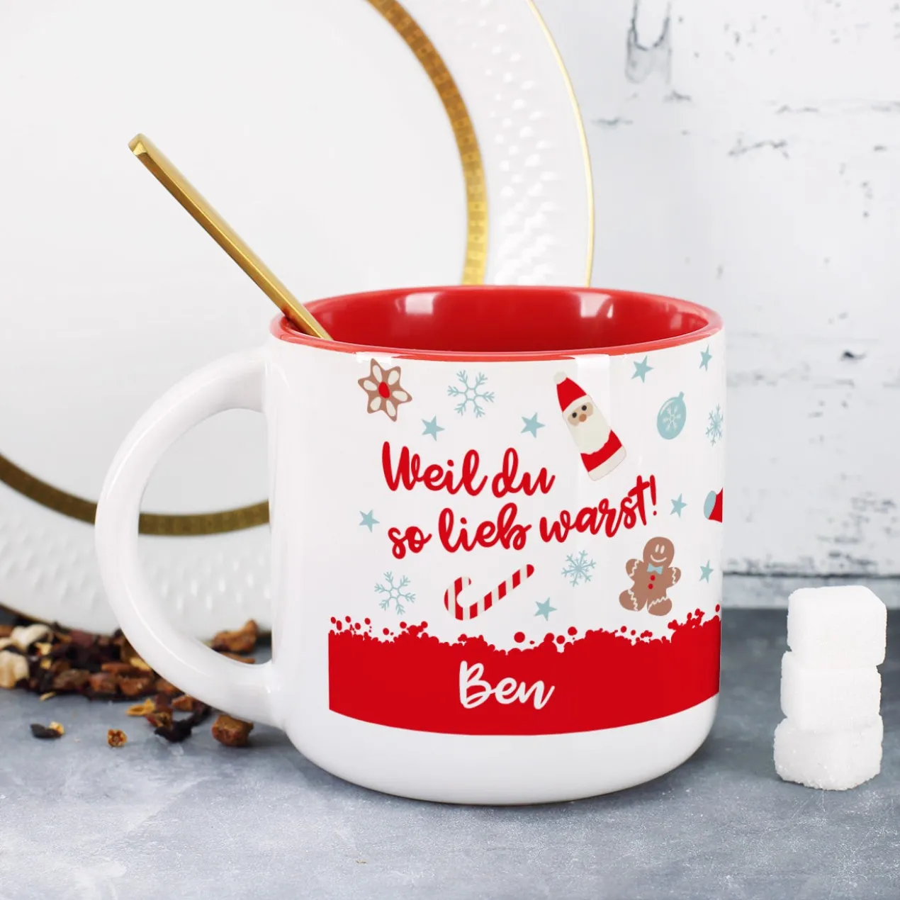 Große Tasse - Weil du so lieb warst - mit Name und Weihnachtsmotiv