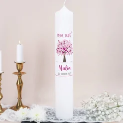 Große Taufkerze mit Lebensbaum in rosa, Name, Datum und Taufspruch, 38x6cm