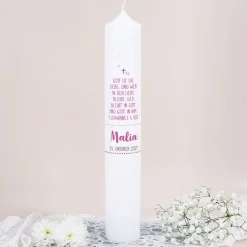 Große Taufkerze mit Lebensbaum in rosa, Name, Datum und Taufspruch, 38x6cm