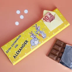 300g Schokolade "Extra Ostermäuse" mit Wunschname und Geldumschlag