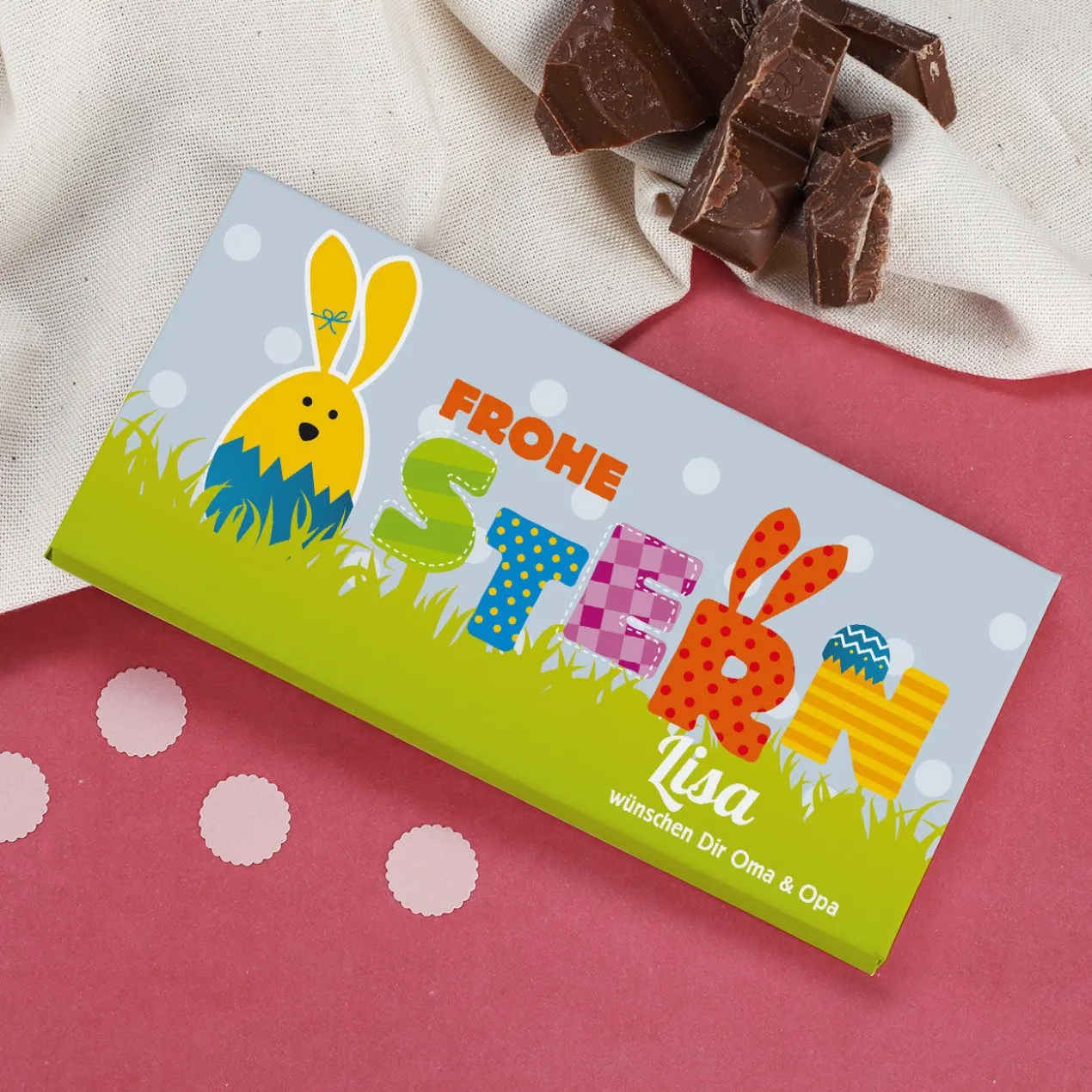 100g Schokolade Frohe Ostern mit Wunschname