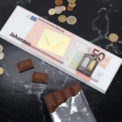300g Schokolade in 50 Euro Schein Optik mit Geldumschlag und persönlichem Text