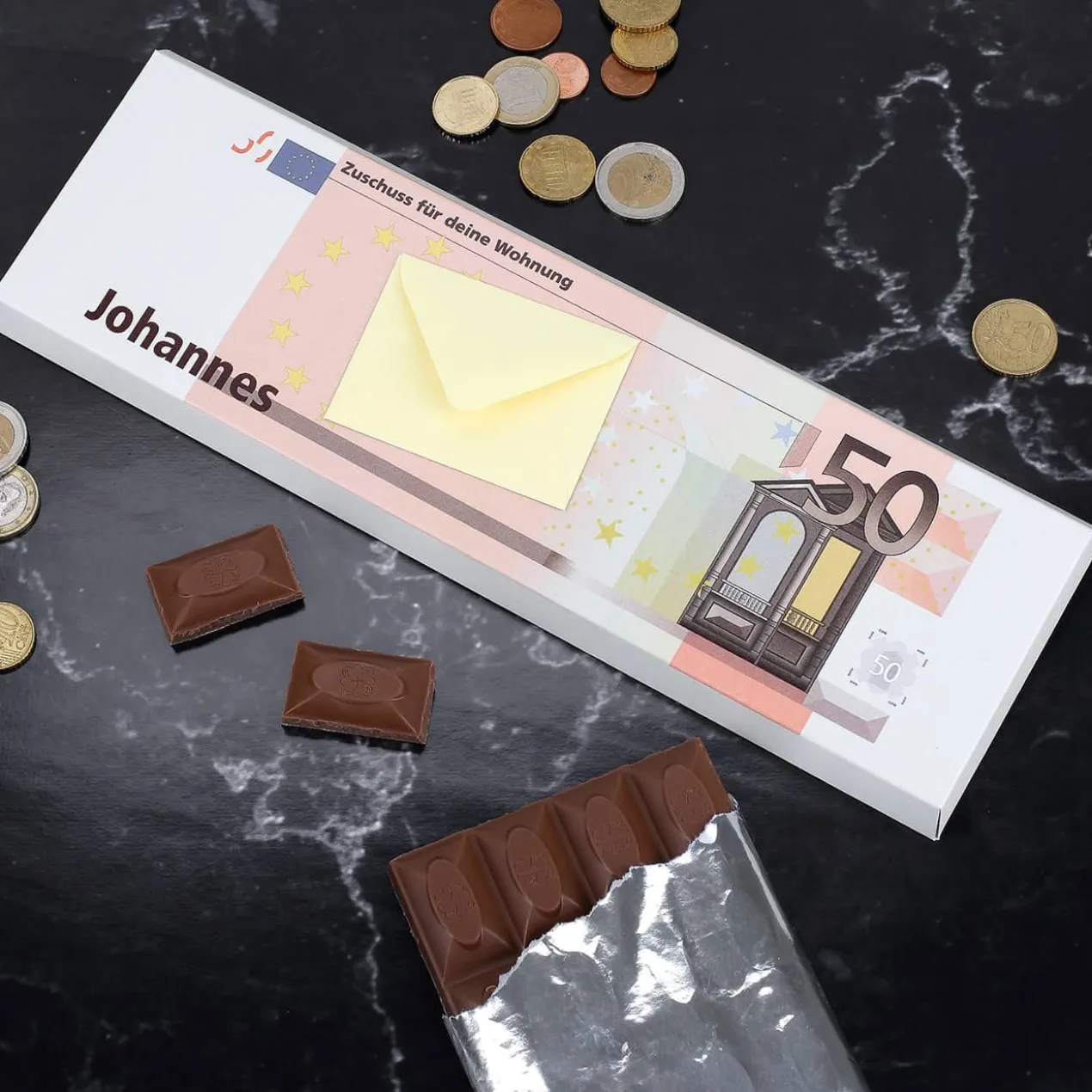 300g Schokolade in 50 Euro Schein Optik mit Geldumschlag und persönlichem Text