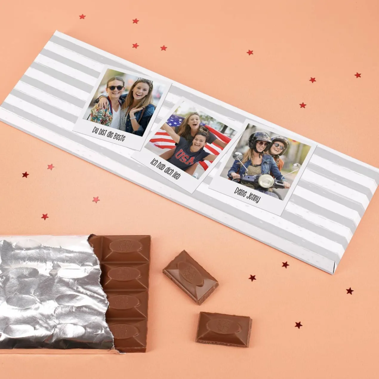 300g Schokolade mit Ihren 3 Lieblingsfotos und Wunschtexten