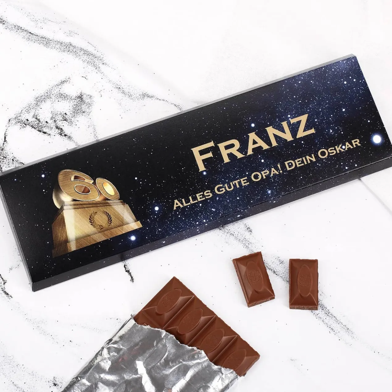 300g Schokolade zum 60. Geburtstag mit Text und Name