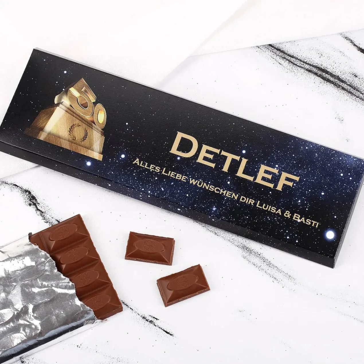 300g Schokolade zum 50. Geburtstag mit Text und Name