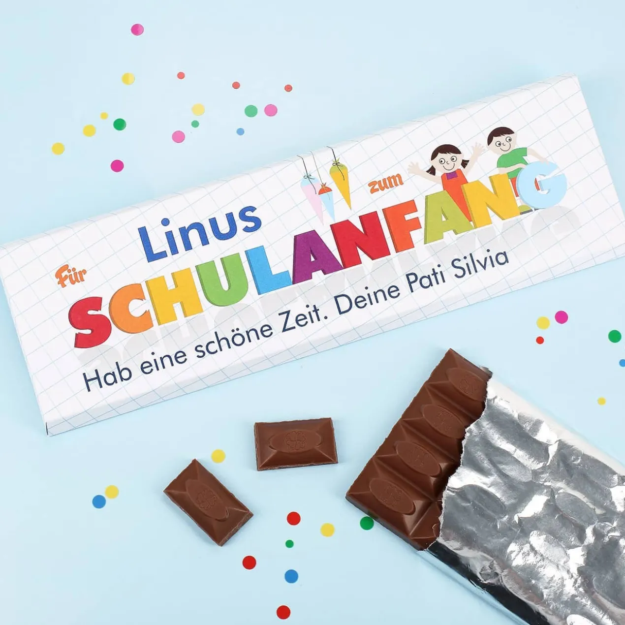 300g Schokolade zum Schulanfang mit Name und Text