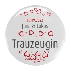 Gäste - Button zur Hochzeit mit Herzen, Namen und Datum, 56 mm