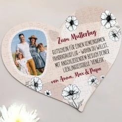 Gutschein-Puzzle in Herzform mit Blumen, Foto & Ihrem Wunschtext, 114 Teile