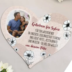 Gutschein-Puzzle in Herzform mit Blumen, Foto & Ihrem Wunschtext, 114 Teile