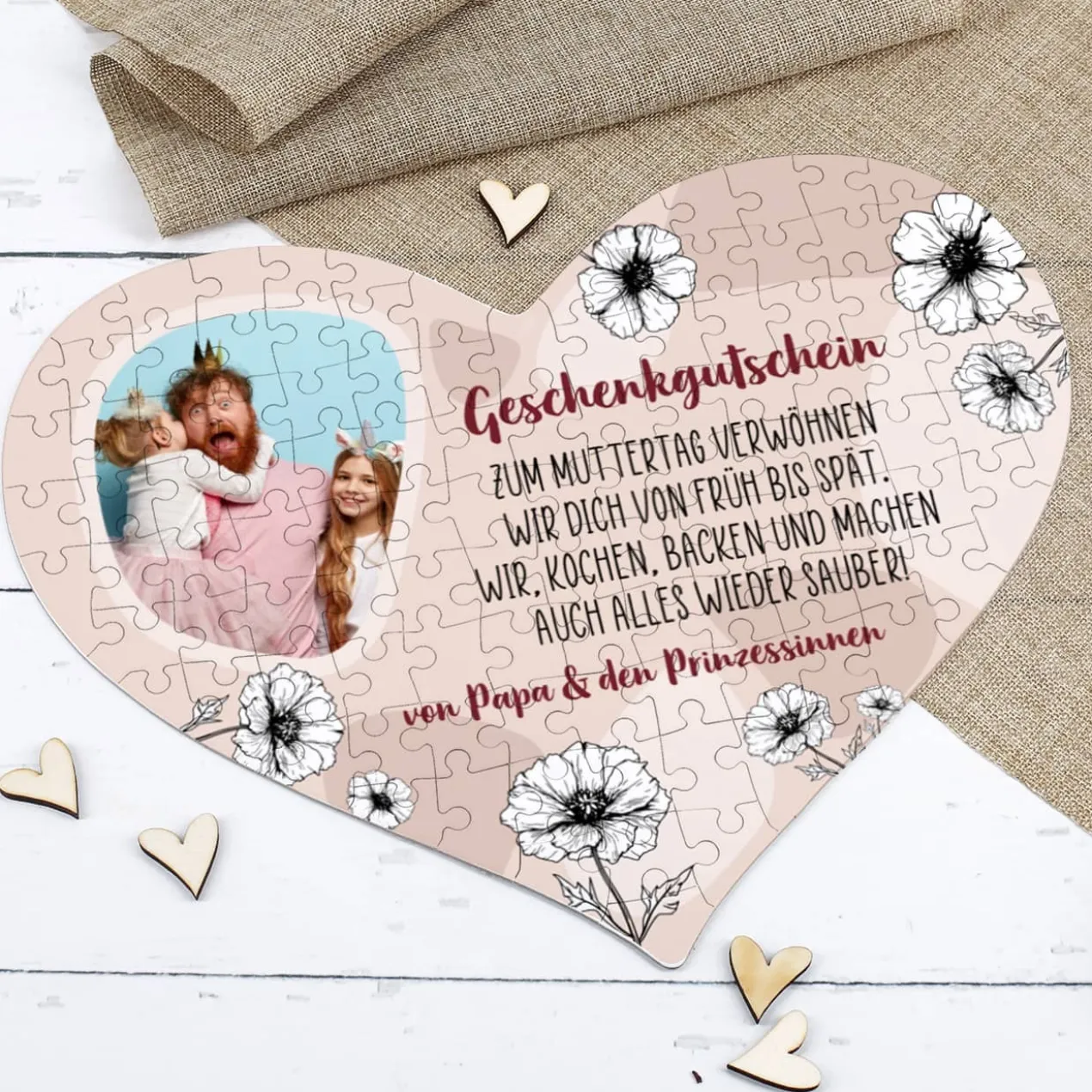 Gutschein-Puzzle in Herzform mit Blumen, Foto & Ihrem Wunschtext, 114 Teile