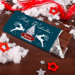 100g Vollmilchschokolade mit Weihnachtsmotiv und Ihren Namen