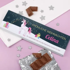 300g Weihnachts-Schokolade mit Einhorn und Wunschtext