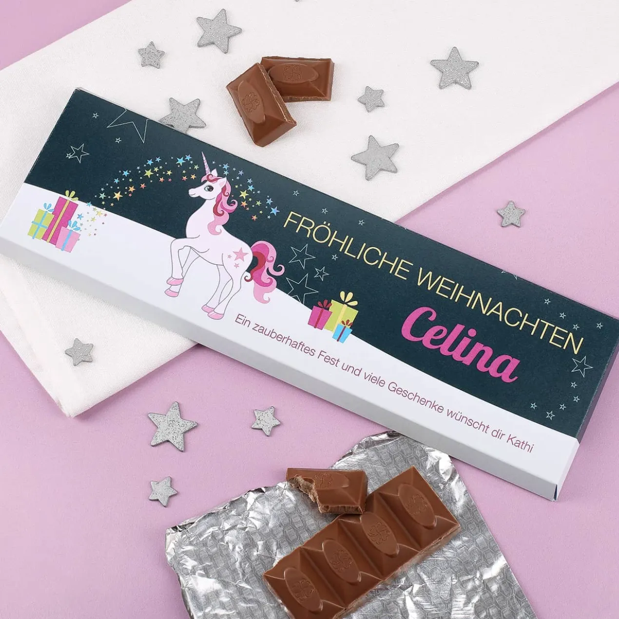 300g Weihnachts-Schokolade mit Einhorn und Wunschtext