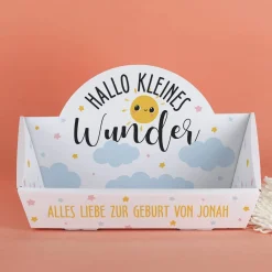 Hallo kleines Wunder - Geschenkkorb in klein mit Wunschtext und Name bedruckt - wahlweise gefüllt