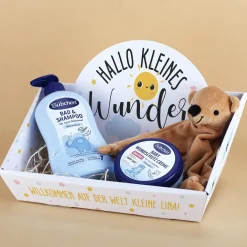 Hallo kleines Wunder - Geschenkkorb in klein mit Wunschtext und Name bedruckt - wahlweise gefüllt