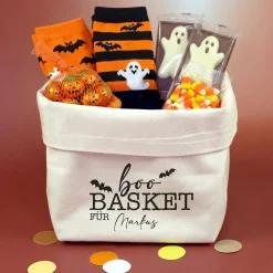 Halloween Korb personalisiert mit Name | Boo Basket aus 100% Baumwolle für Süßes oder Saures