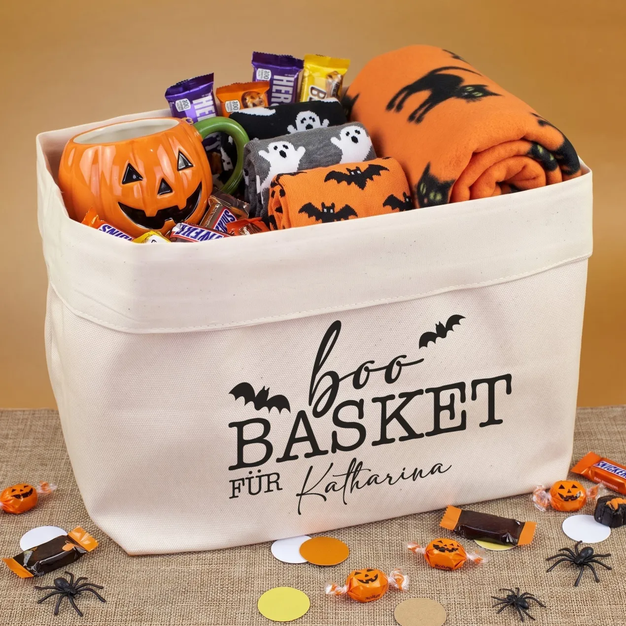 Halloween Korb personalisiert mit Name | Boo Basket aus 100% Baumwolle für Süßes oder Saures