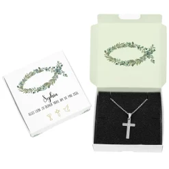 Halskette mit graviertem Kreuz zu Kommunion, Konfirmation, Taufe in Geschenkbox
