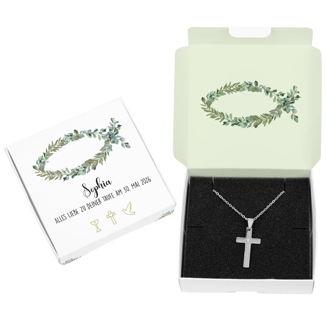 Halskette mit graviertem Kreuz zu Kommunion, Konfirmation, Taufe in Geschenkbox