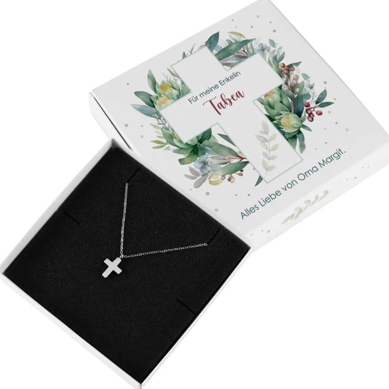 Halskette mit Kreuz Anhänger in Geschenkbox mit Name und Wunschtext