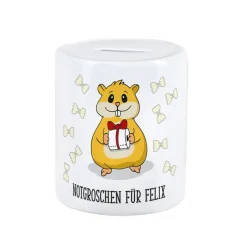Hamster - Spardose bedruckt mit Klopapier, Nudeln und Wunschtext
