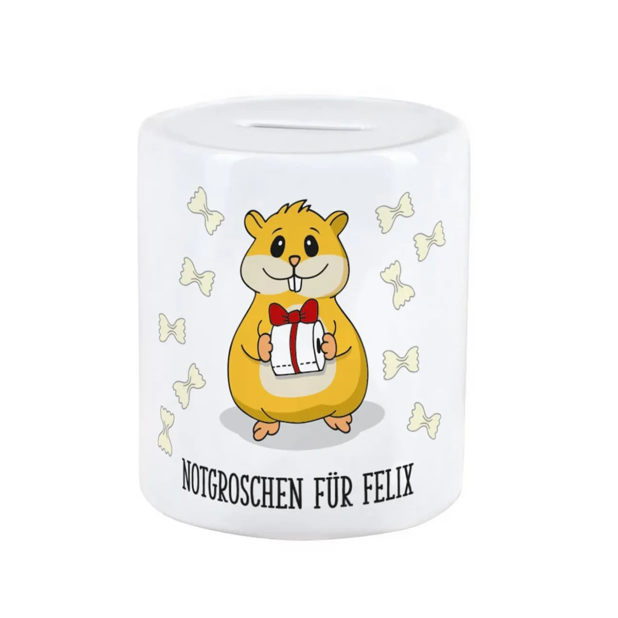Hamster - Spardose bedruckt mit Klopapier, Nudeln und Wunschtext