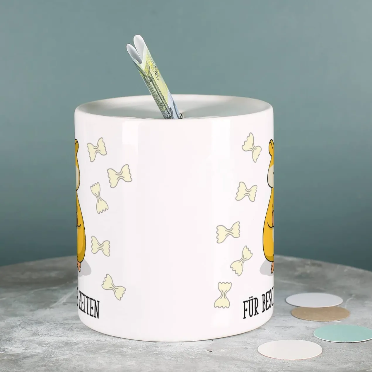 Hamster - Spardose bedruckt mit Klopapier, Nudeln und Wunschtext