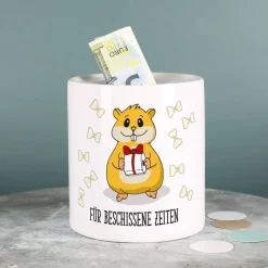 Hamster - Spardose bedruckt mit Klopapier, Nudeln und Wunschtext
