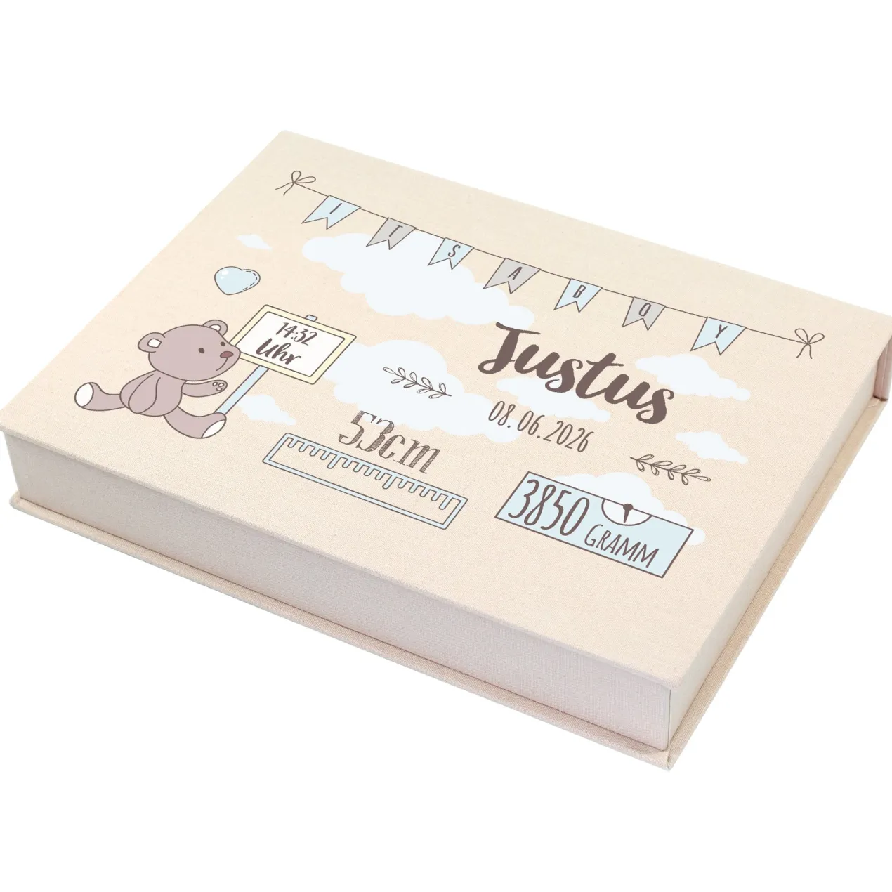 Handgearbeitete Erinnerungsbox als personalisiertes Geschenk zur Geburt für Jungen | Fotobox als Buch
