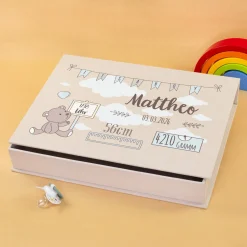 Handgearbeitete Erinnerungsbox als personalisiertes Geschenk zur Geburt für Jungen | Fotobox als Buch