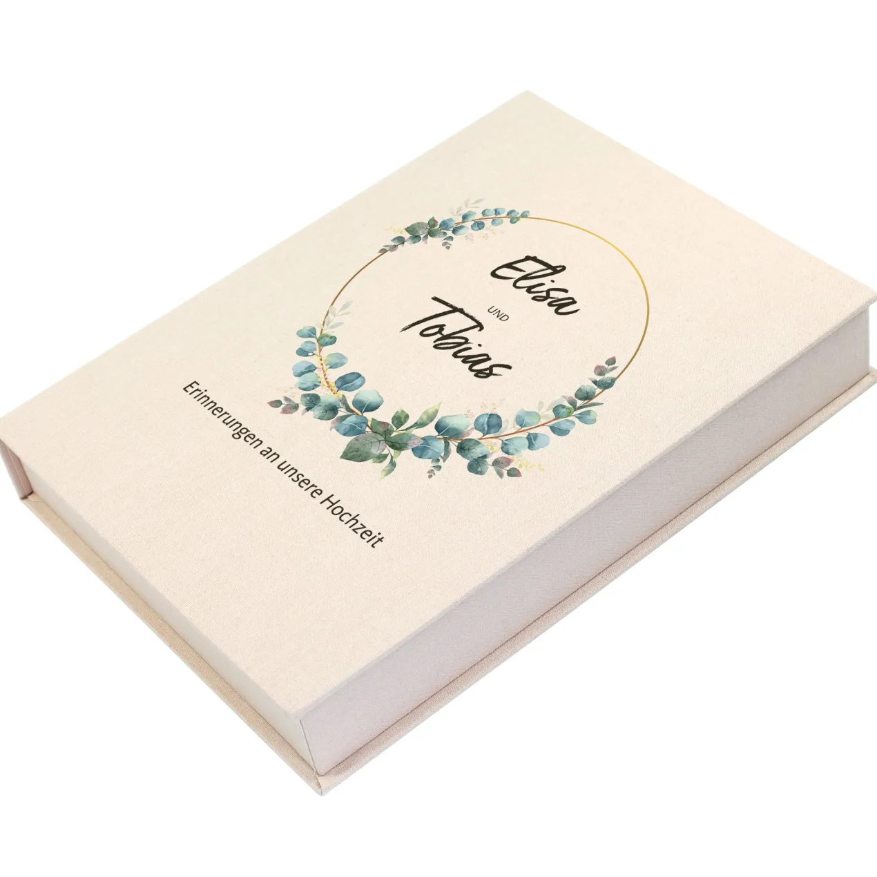 Handgefertigte Erinnerungsbox zur Hochzeit | Personalisierte Fotobox in Buch Form mit Eukalyptus Kranz