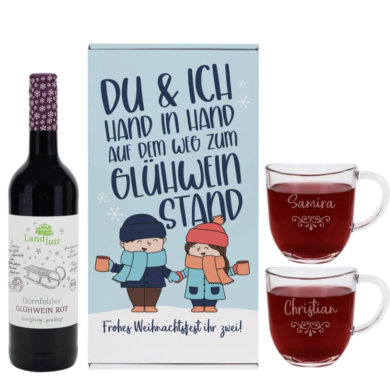 Hand in Hand zum Glühweinstand - Geschenkset mit zwei Gläsern, Glühwein und Box
