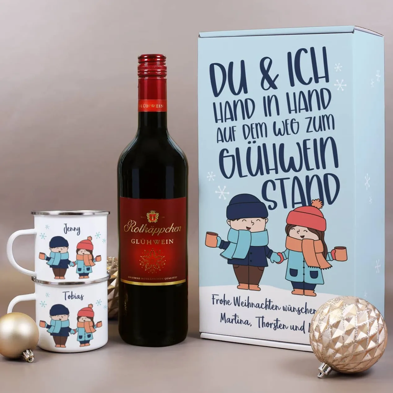 Hand in Hand zum Glühweinstand - Geschenkset zu Weihnachten mit Glühwein, Tassen und Box