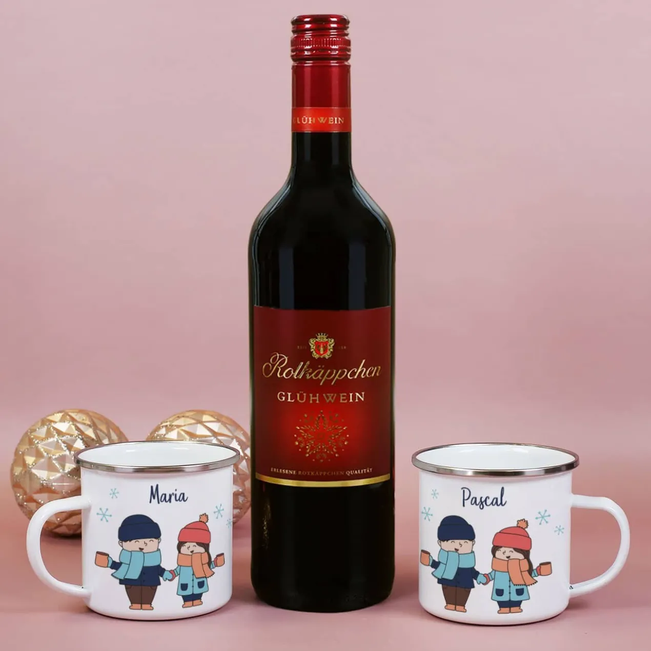 Hand in Hand zum Glühweinstand - Geschenkset zu Weihnachten mit Glühwein, Tassen und Box