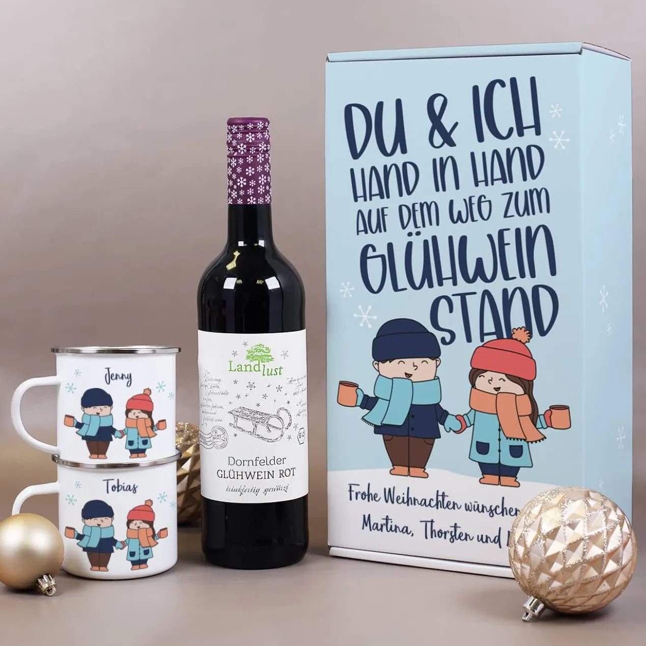 Hand in Hand zum Glühweinstand - Geschenkset zu Weihnachten mit Glühwein, Tassen und Box