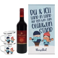 Hand in Hand zum Glühweinstand - Geschenkset zu Weihnachten mit Glühwein, Tassen und Box
